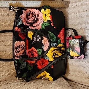 Vera Bradley Black Quilted Crossbody Bag with Pink, Red & Yellow Floral Print